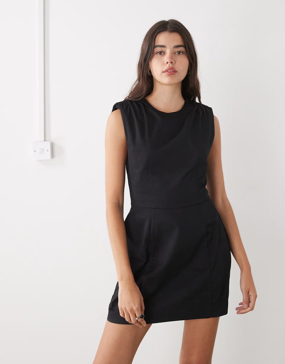 ASOS Monki shoulder pad cinched waist volume skirt mini dress in black - 1