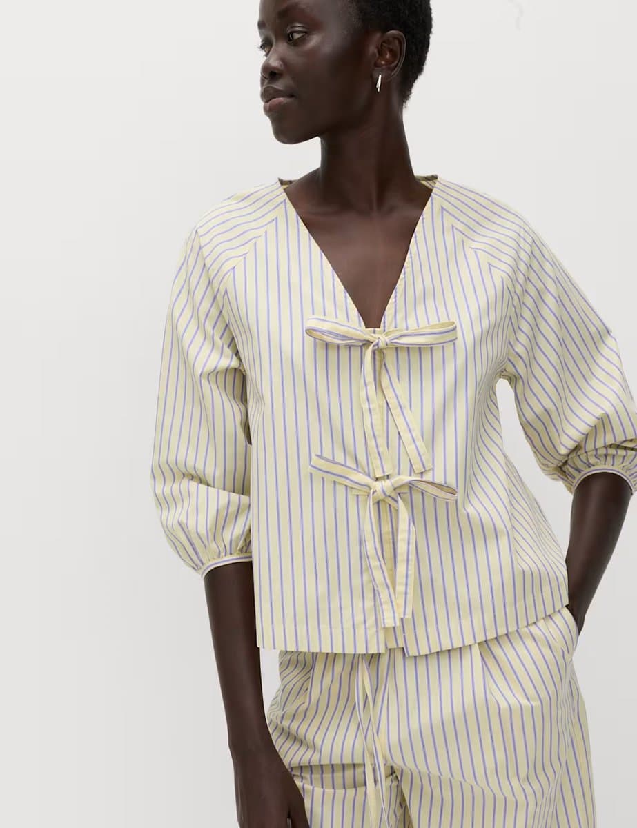 Marks & Spencer M&S Pure Cotton Striped Tie Front Blouse Yellow Mix