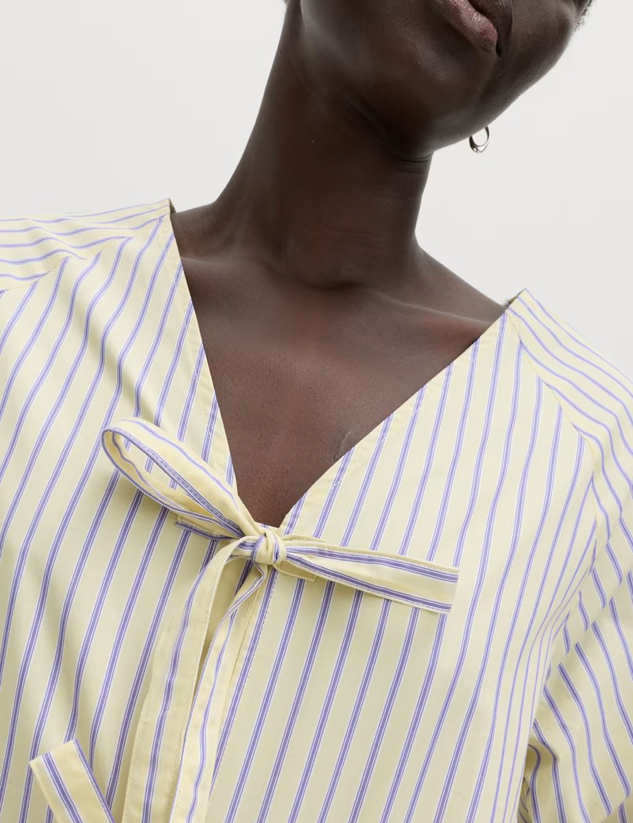 Marks & Spencer M&S Pure Cotton Striped Tie Front Blouse Yellow Mix - 2