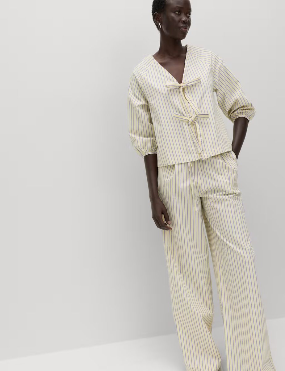 Marks & Spencer M&S Pure Cotton Striped Tie Front Blouse Yellow Mix - 3