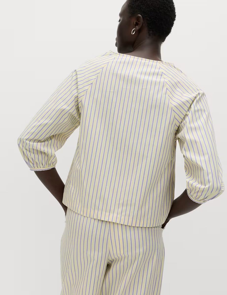 Marks & Spencer M&S Pure Cotton Striped Tie Front Blouse Yellow Mix - 4