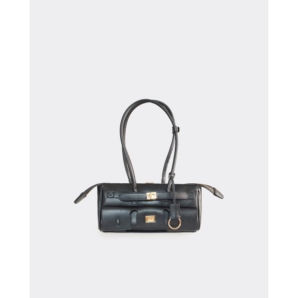EGO Bravo Lock Detail Rectangle Shaped Shoulder Bag In Black Faux Leather, Women's Size UK One Size - 2