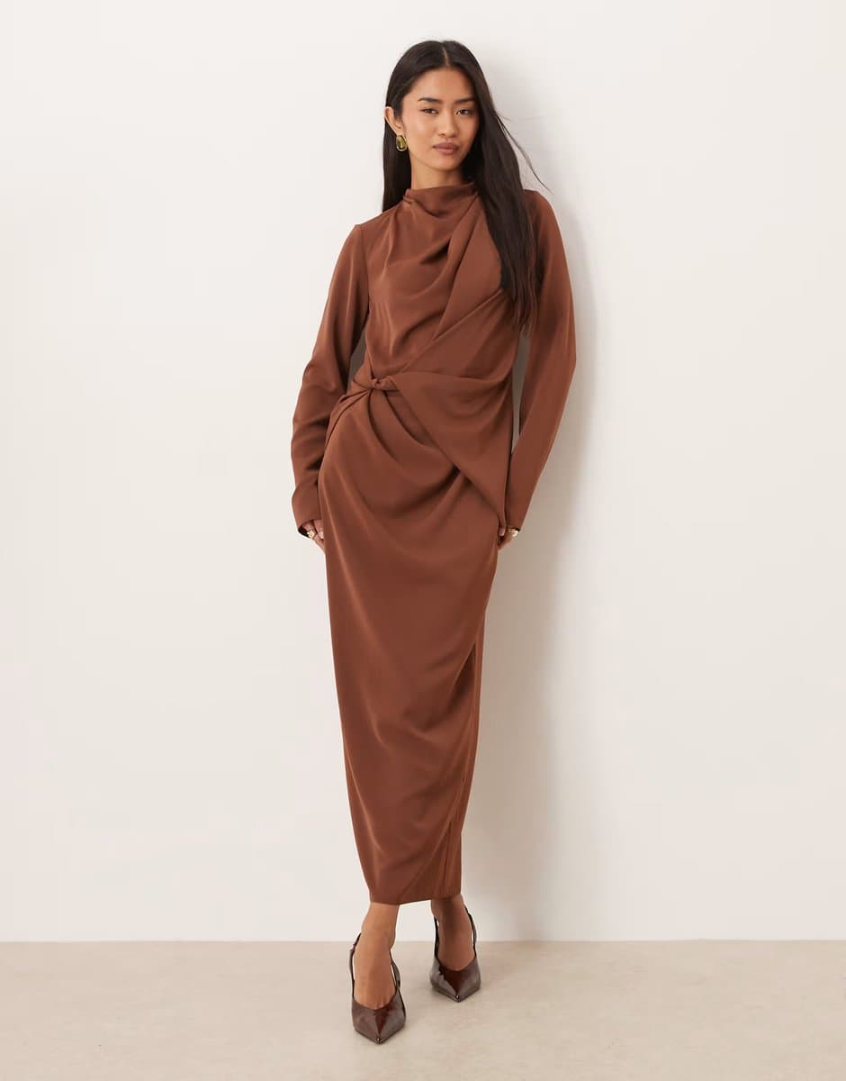 ASOS ASOS DESIGN high neck draped slinky maxi dress in chocolate