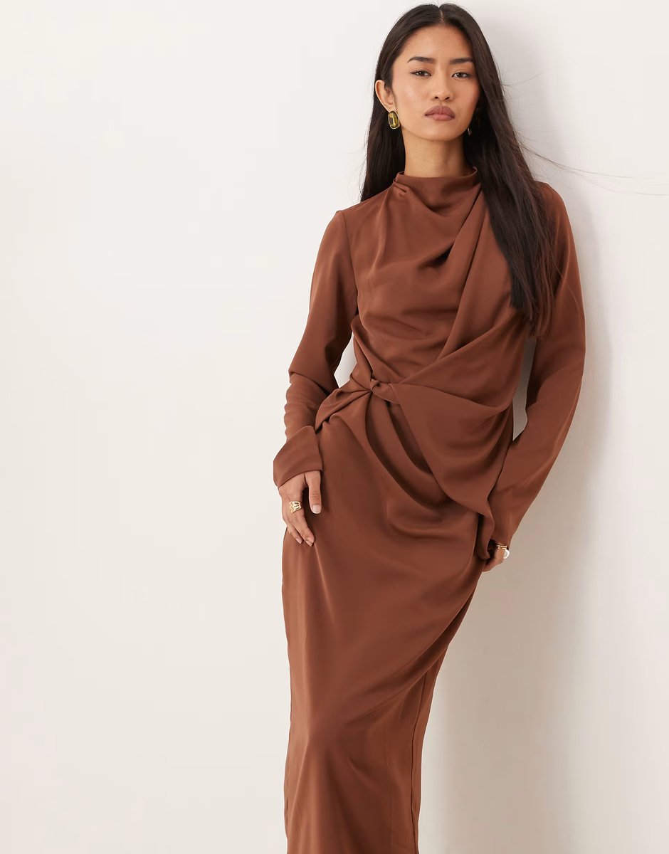 ASOS ASOS DESIGN high neck draped slinky maxi dress in chocolate - 4