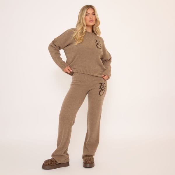 EGO Mid Waist Ego Graphic Straight Leg Trousers In Mocha Knit, Women's Size UK Medium M - 1