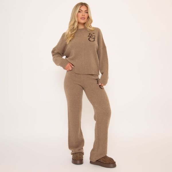 EGO Mid Waist Ego Graphic Straight Leg Trousers In Mocha Knit, Women's Size UK Medium M - 2