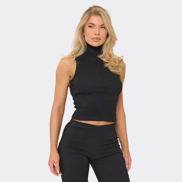 EGO EGO High Neck Backless Detail Top in Black Rib
