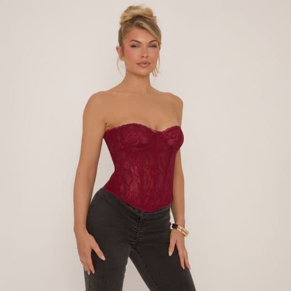 EGO Bandeau Structured Detail Corset Top In Burgundy Lace, Women's Size UK 8
