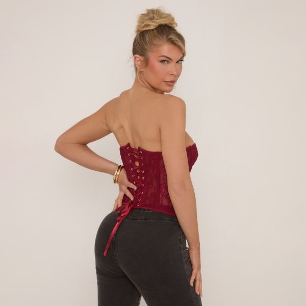 EGO Bandeau Structured Detail Corset Top In Burgundy Lace, Women's Size UK 8 - 2