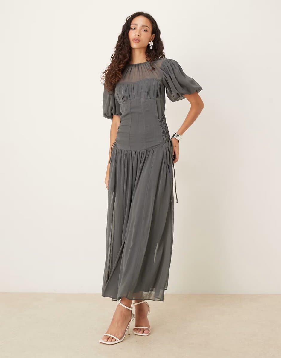 ASOS ASOS DESIGN puff sleeve chiffon midaxi dress in charcoal grey