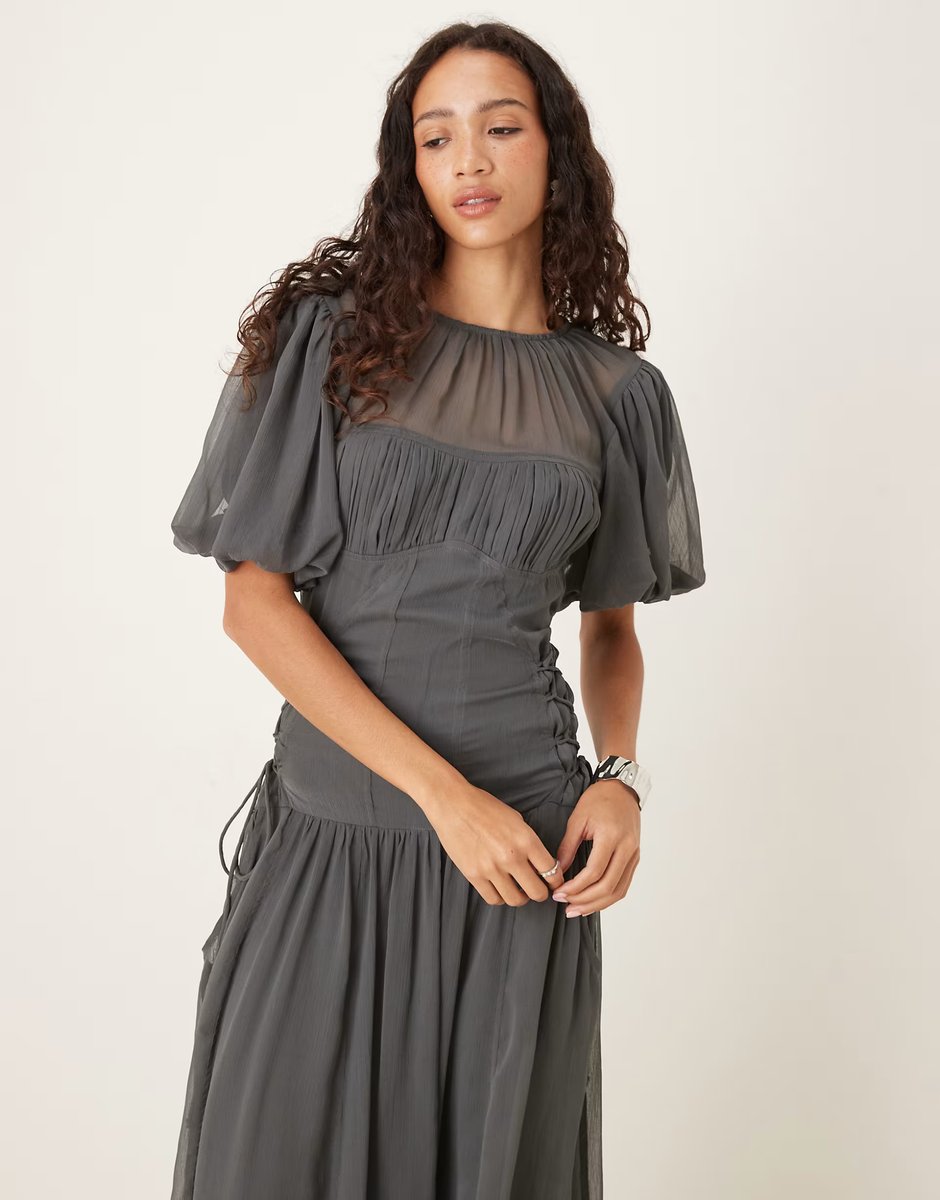 ASOS ASOS DESIGN puff sleeve chiffon midaxi dress in charcoal grey - 3