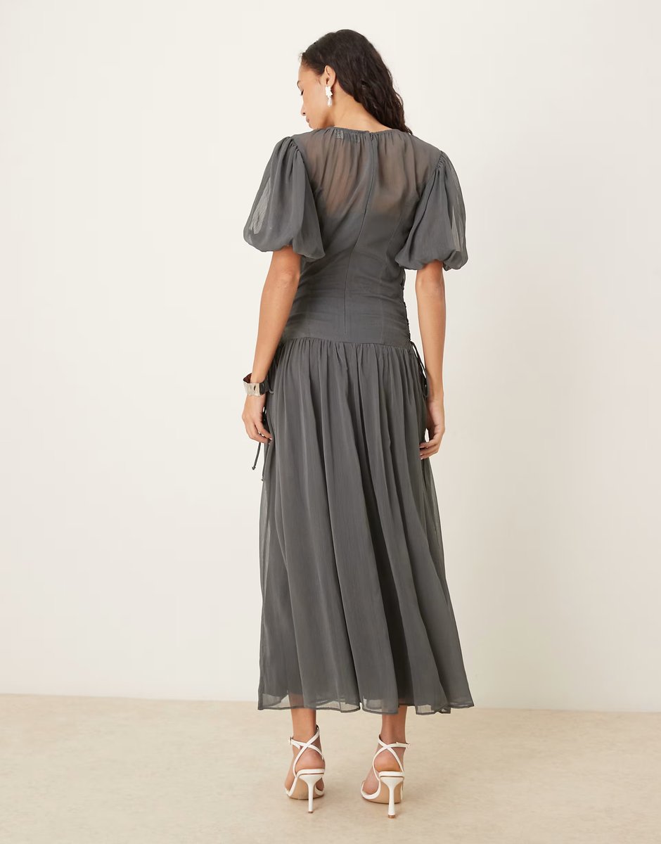 ASOS ASOS DESIGN puff sleeve chiffon midaxi dress in charcoal grey - 4