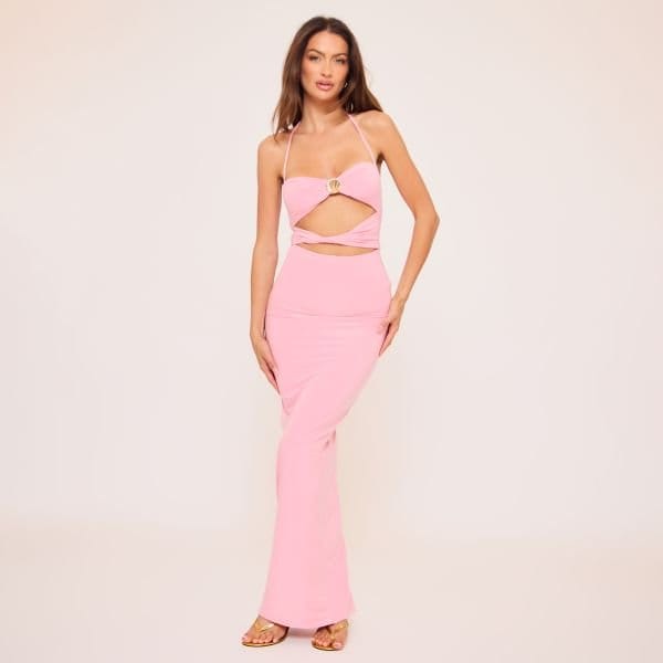EGO Halterneck Cut Out Twist Front Shell Trim Detail Maxi Dress In Pink, Women's Size UK 8 - 1