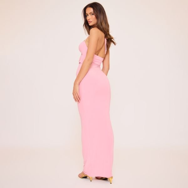 EGO Halterneck Cut Out Twist Front Shell Trim Detail Maxi Dress In Pink, Women's Size UK 8 - 2