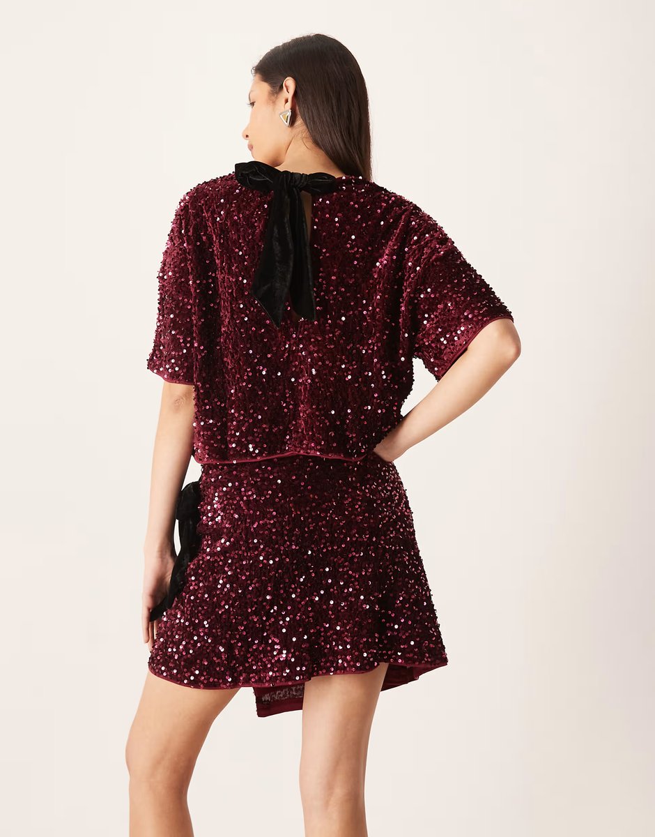 ASOS ASOS DESIGN velvet sequin co-ord wrap mini skirt in burgundy - 2