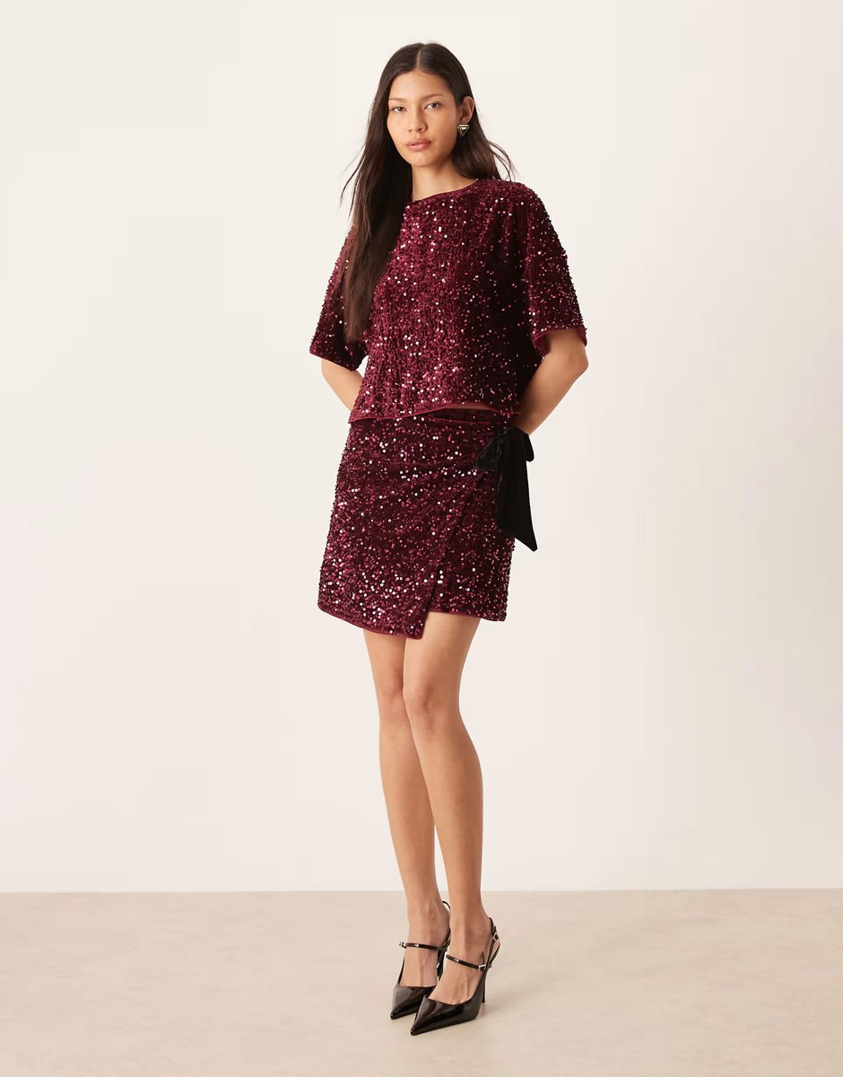 ASOS ASOS DESIGN velvet sequin co-ord wrap mini skirt in burgundy - 4