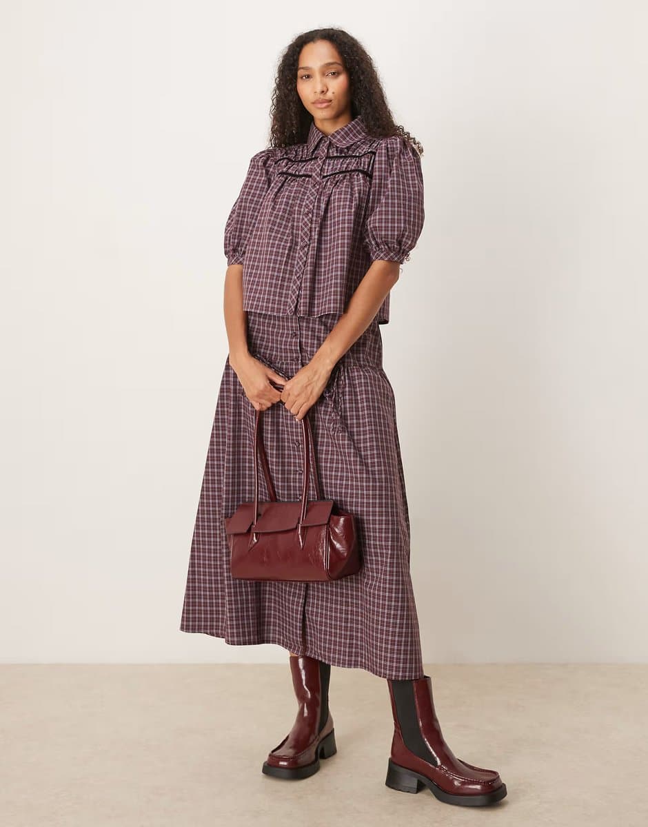 ASOS Glamorous ruched shirt & drop waist maxi skirt in burgundy black white check co-ord
