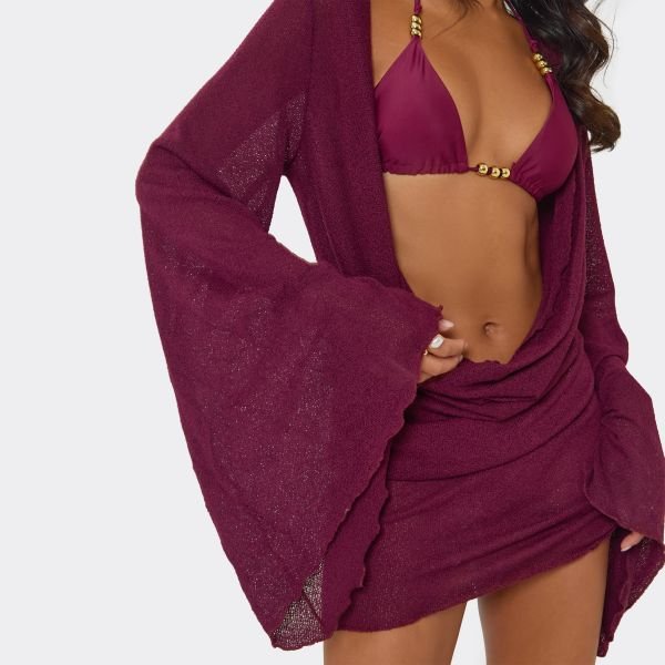 EGO Plunge Cowl Neck Flared Sleeve Mini Beach Dress In Plum, Women's Size UK 6 - 2