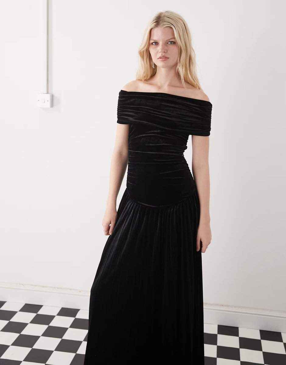 ASOS Lioness Field of Dreams foldover bardot ruched drop waist pleated velvet maxi dress in black - 3
