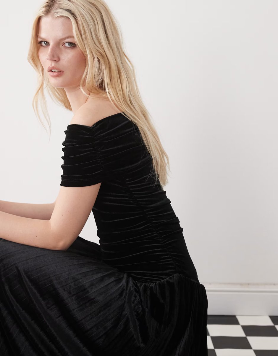 ASOS Lioness Field of Dreams foldover bardot ruched drop waist pleated velvet maxi dress in black - 4