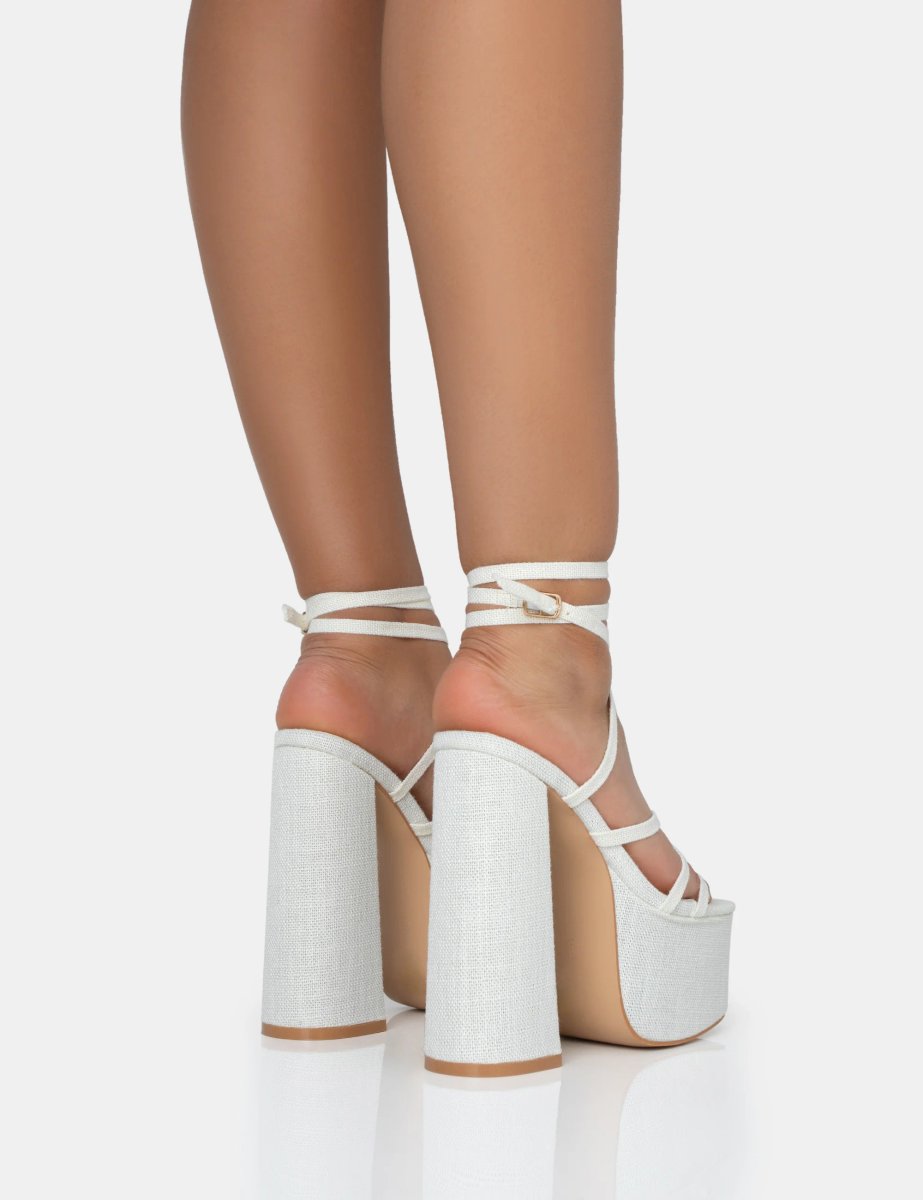 Public Desire Suki Ecru Linen Strappy Platform Square Toe Block Heels - 4
