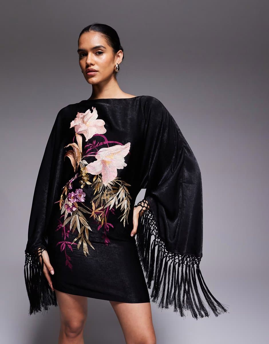 ASOS ASOS DESIGN floral embroidered long sleeve mini dress with fringing in black