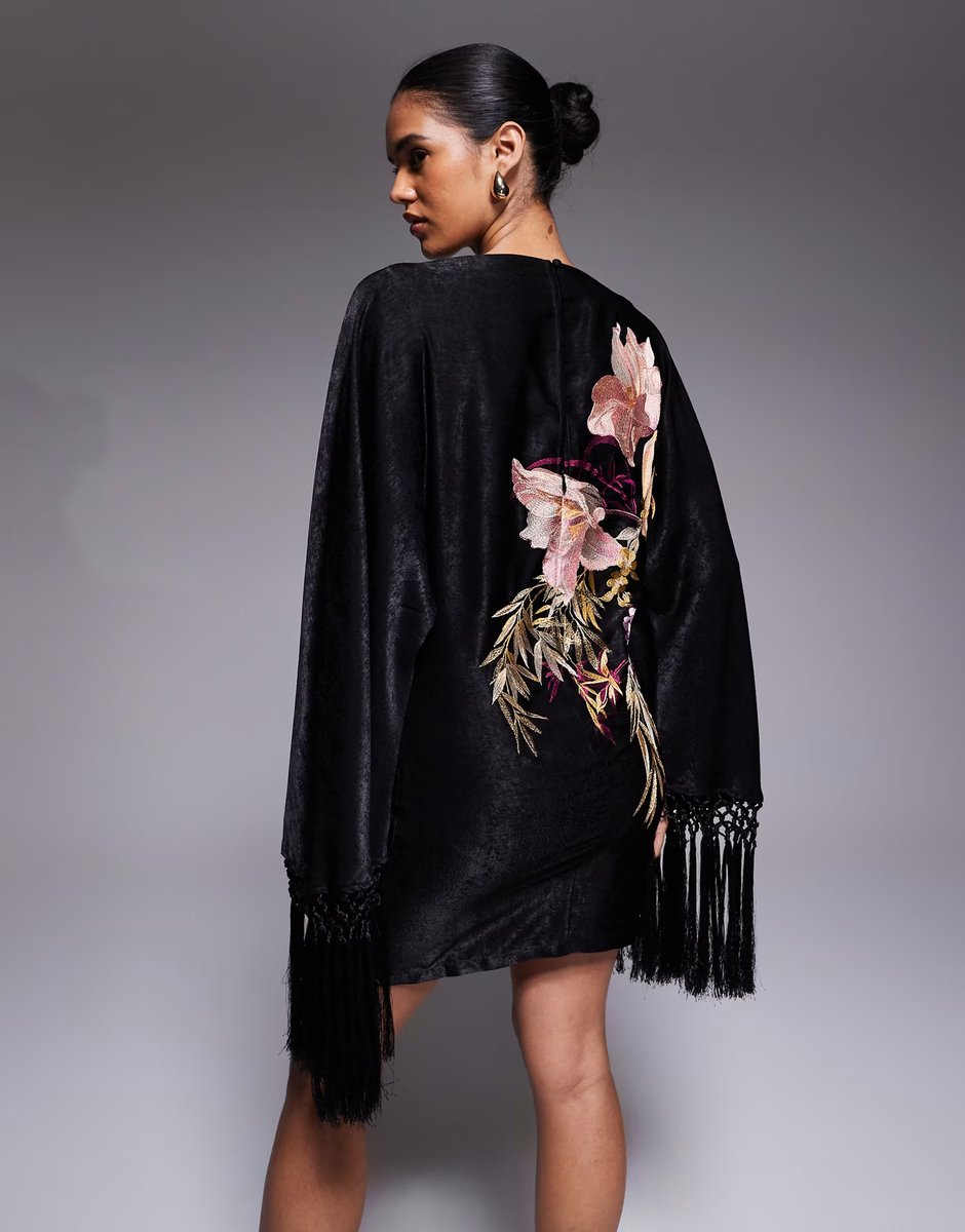 ASOS ASOS DESIGN floral embroidered long sleeve mini dress with fringing in black - 4