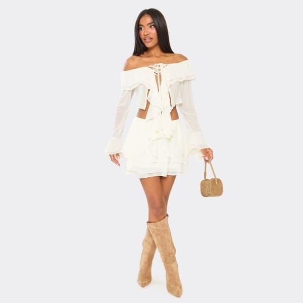 EGO Mid Rise Frill Detail Mini Skirt In Cream, Women's Size UK 6