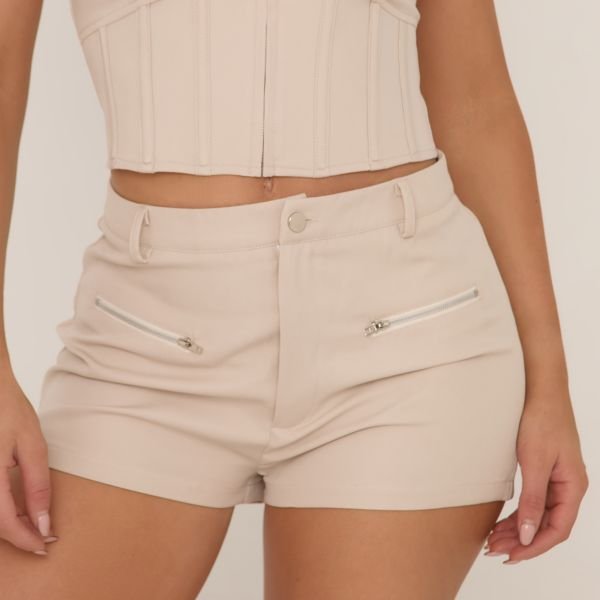 EGO Mid Waist Zip Front Cargo Shorts In Taupe Woven, Women's Size UK 4 - 2