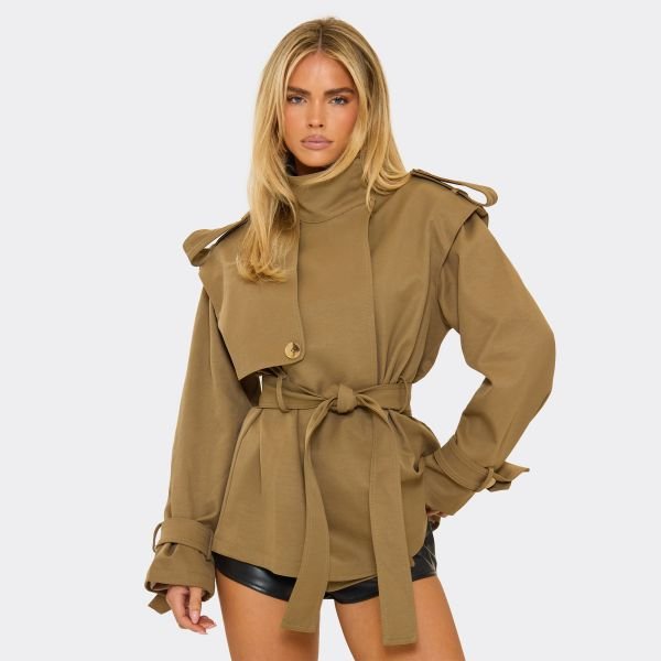 EGO High Neck Belted Waist Short Trench Coat In Khaki, Women's Size UK 10 - 1