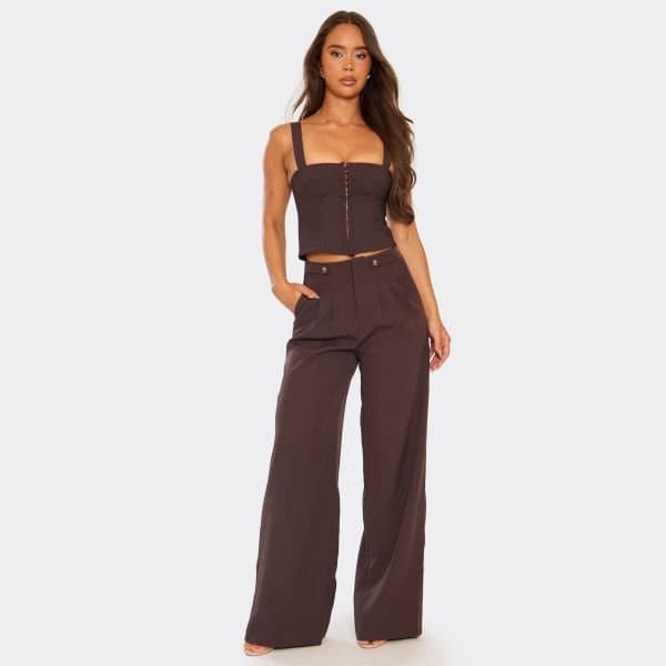 EGO EGO Pleated Wide Leg Tailored Trousers in Chocolate Brown