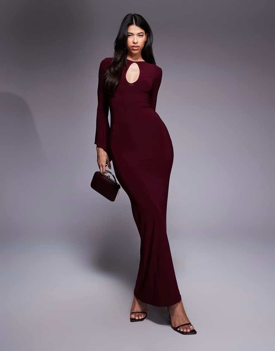 ASOS ASOS DESIGN asymmetrical angel sleeve maxi dress in burgundy