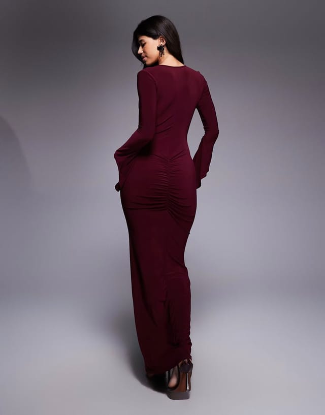ASOS ASOS DESIGN asymmetrical angel sleeve maxi dress in burgundy - 3