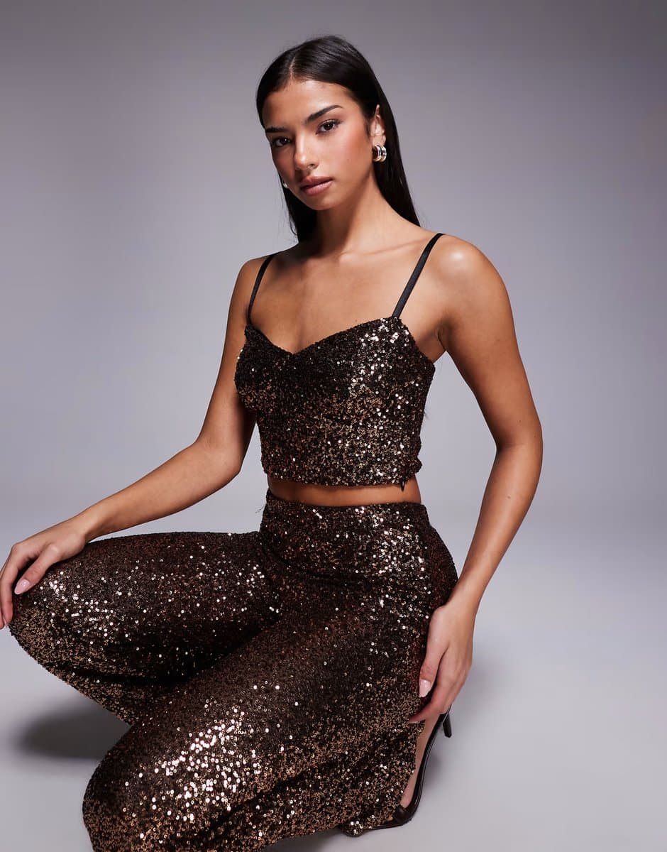 ASOS New Look co-ord sequin cropped cami top in brown