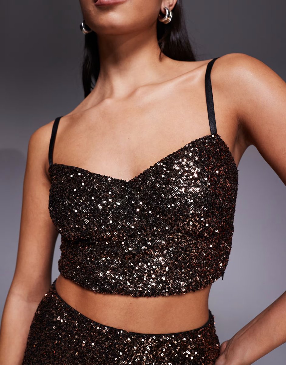 ASOS New Look co-ord sequin cropped cami top in brown - 4