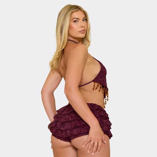 EGO Low Rise Layered Detail Micro Shorts In Burgundy Textured, Women's Size UK 8 - 2