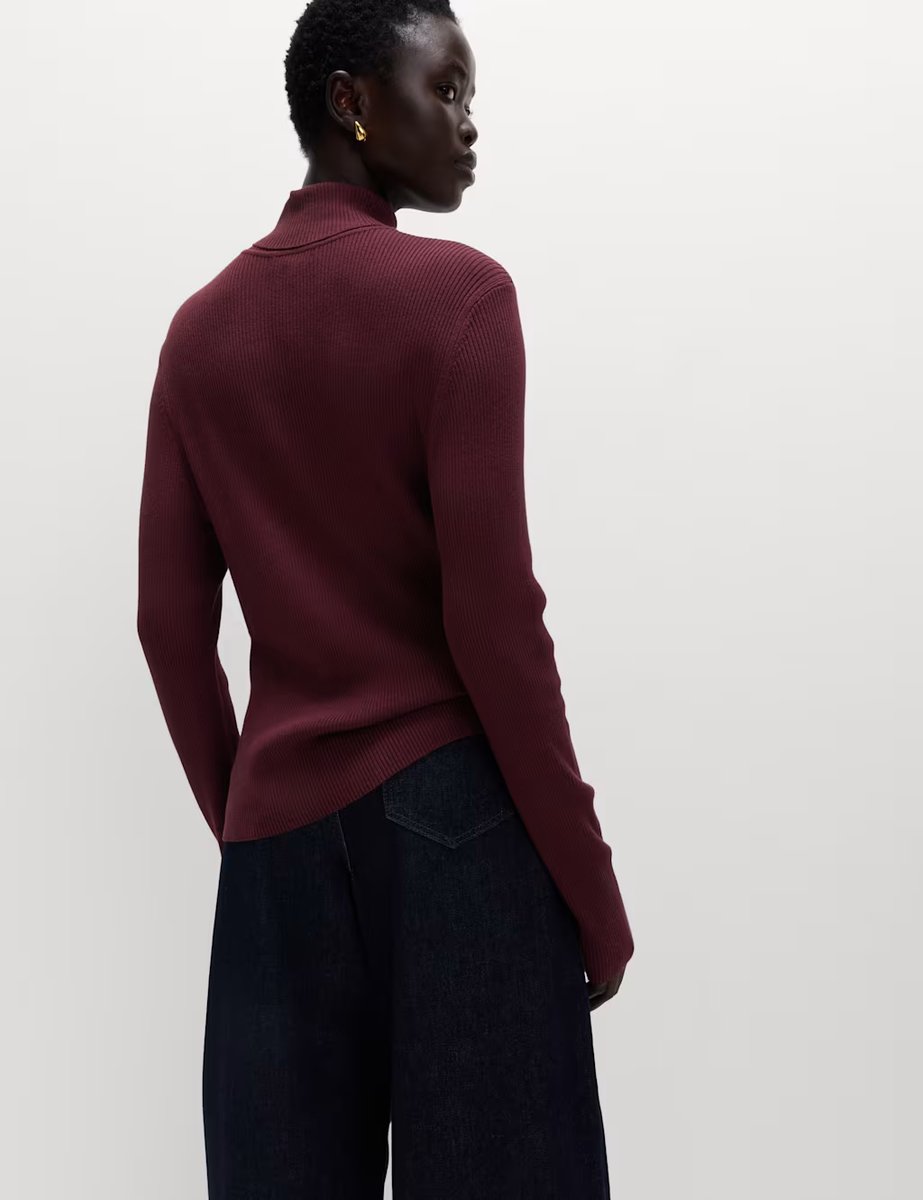 Marks & Spencer M&S Ribbed Roll Neck Jumper Dark Burgundy - 4