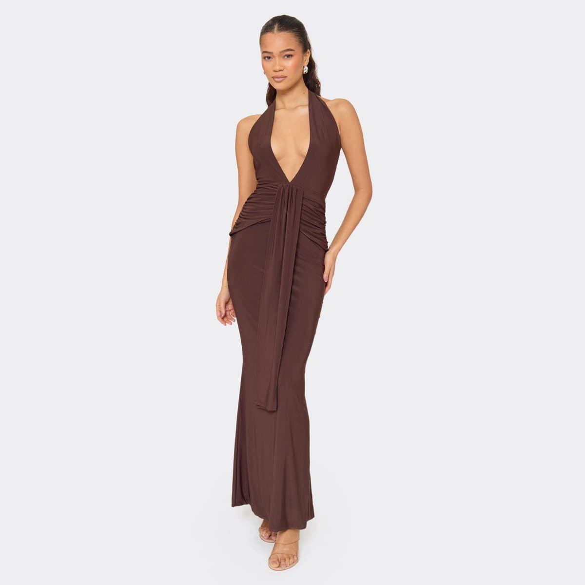 EGO Plunge Halterneck Drape Front Detail Ruched Maxi Dress In Chocolate Brown, Women's Size UK 6
