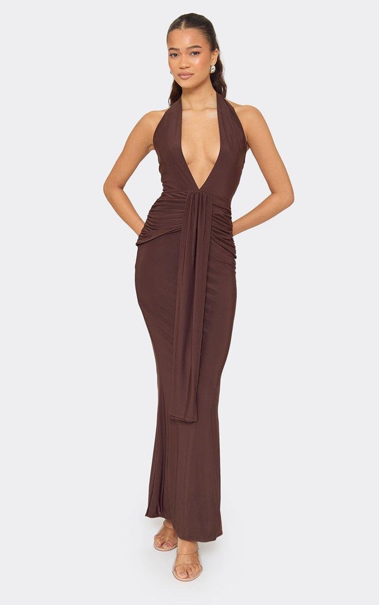 EGO Plunge Halterneck Drape Front Detail Ruched Maxi Dress In Chocolate Brown, Women's Size UK 6 - 2