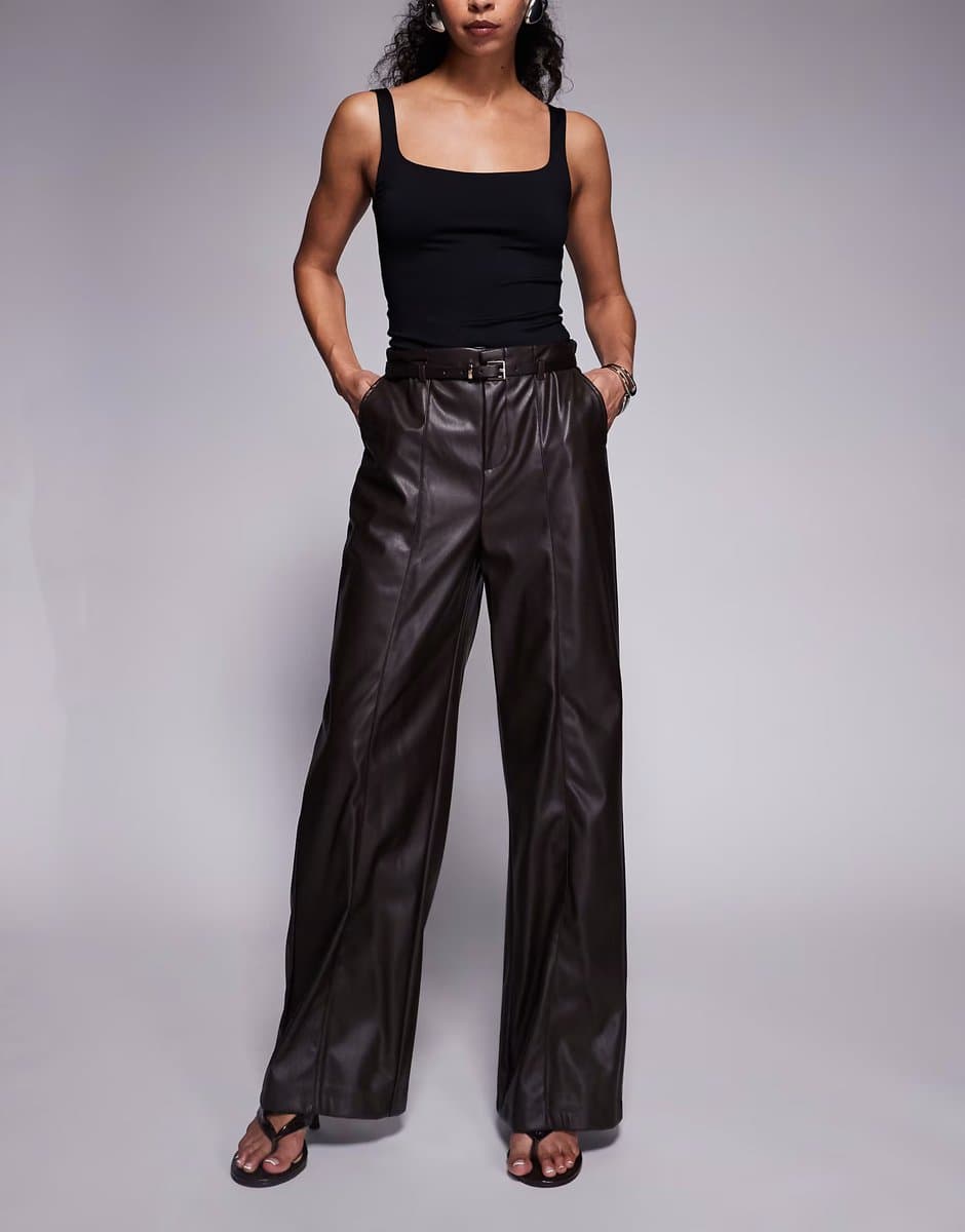ASOS River Island Faux Leather Belted Wide Leg Trousers in Dark Brown