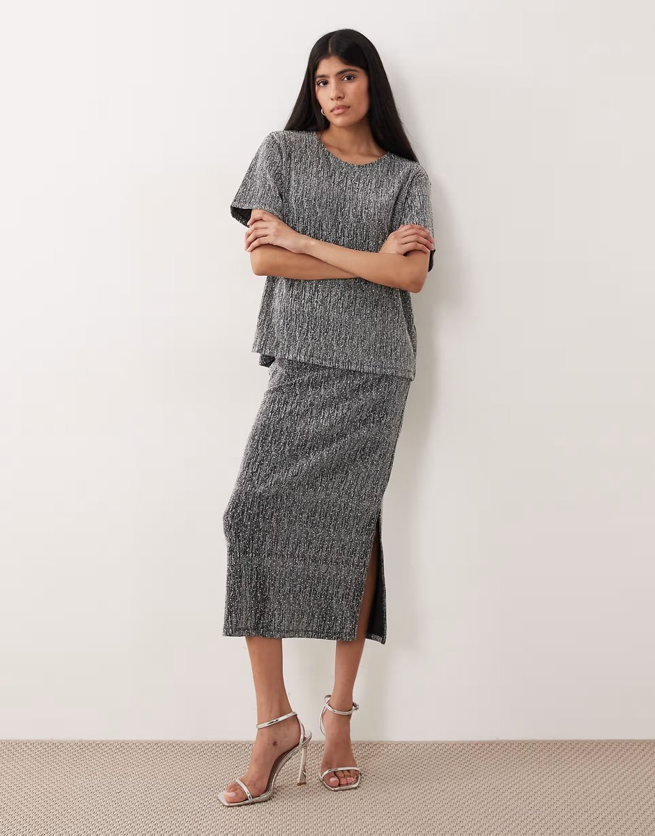 ASOS Vila glitter t-shirt co-ord in silver - 3