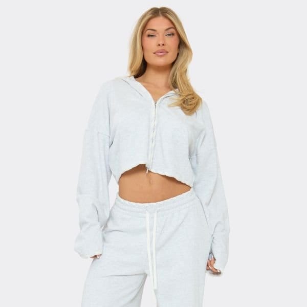 EGO Contrast Lace Up Double Zip-Up Detail Jacket In Light Grey Marl, Women's Size UK 6 - 1