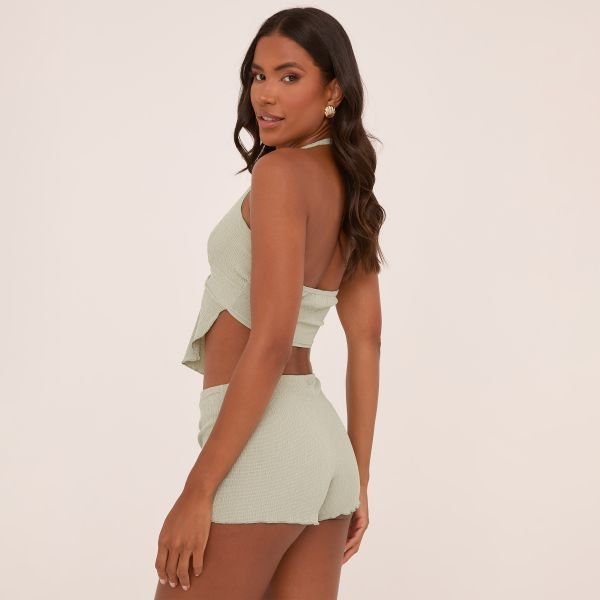 EGO Plunge Ring Detail Crop Top In Sage Green, Women's Size UK 14 - 2