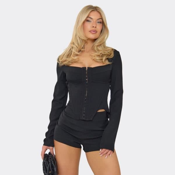 EGO Long Sleeve Hook And Eye Detail Pointed Hem Corset Top In Black, Women's Size UK 6