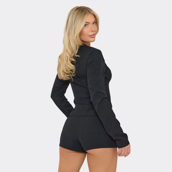 EGO Long Sleeve Hook And Eye Detail Pointed Hem Corset Top In Black, Women's Size UK 6 - 2