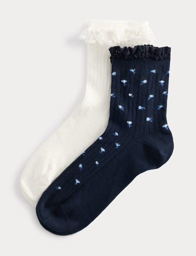 Marks & Spencer M&S 2 Pack Floral Ribbed Ruffle Quarter Socks Navy Mix - 2