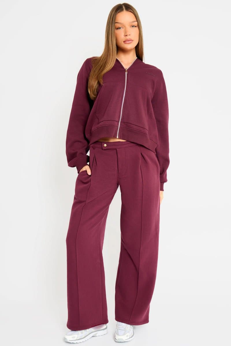 Kaiia Kaiia Pleat Detail Tailored Wide Leg Joggers Dark Cherry