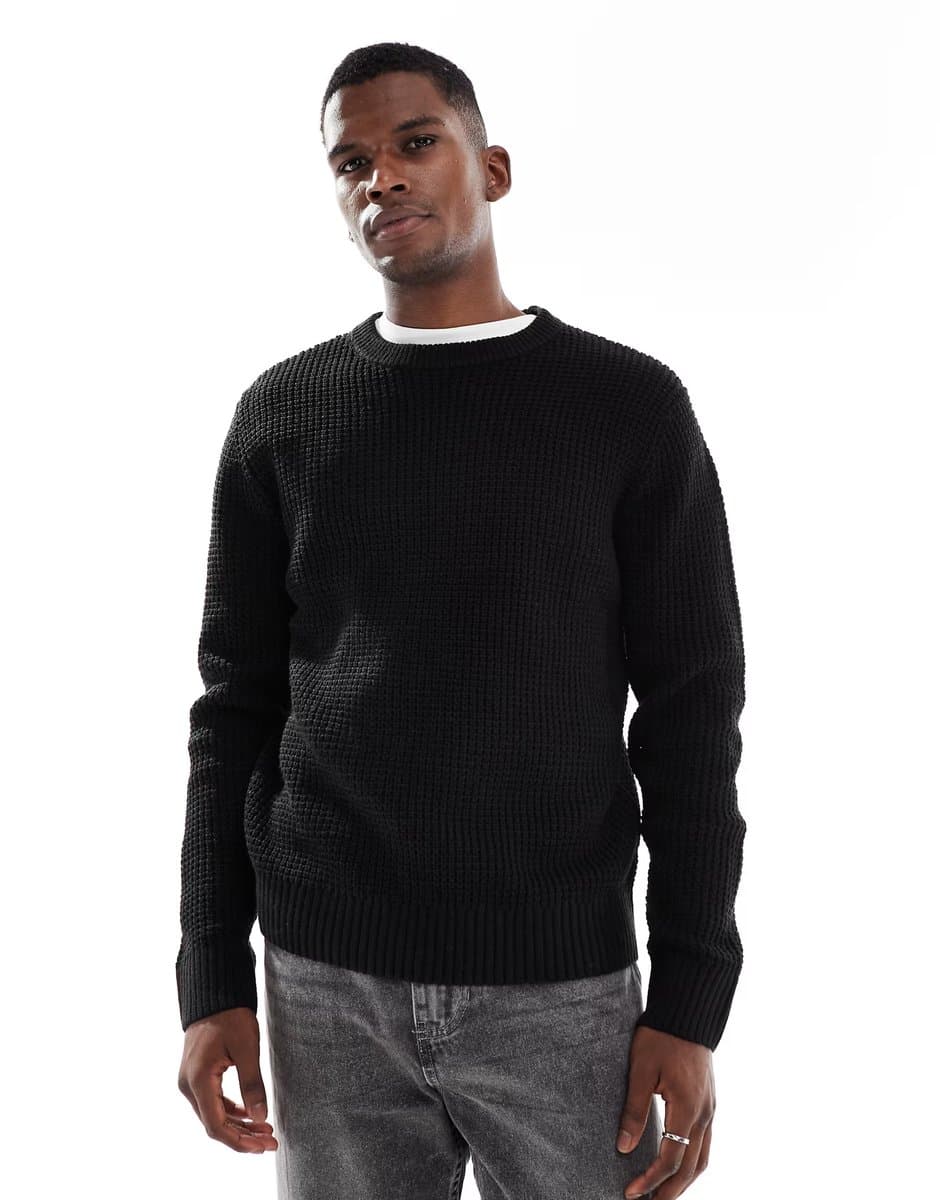 ASOS Jack & Jones waffle knit jumper in black