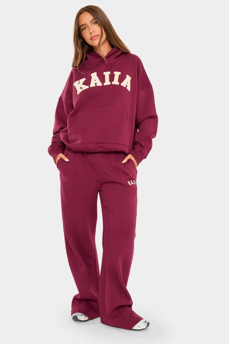 Kaiia Kaiia Slogan Seam Detail Wide Leg Joggers Burgundy & Cream