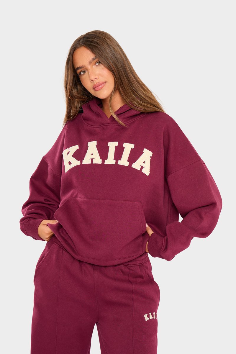 Kaiia Kaiia Slogan Seam Detail Wide Leg Joggers Burgundy & Cream - 2